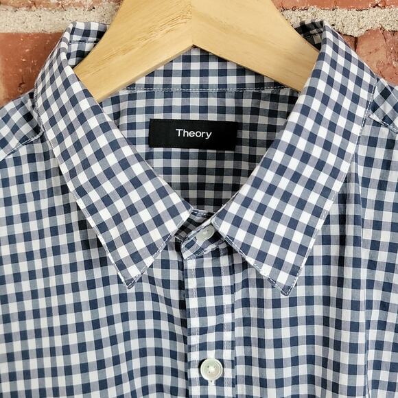 Theory short sleeve button-up navy gingham shirt men's XL - Picture 5 of 5